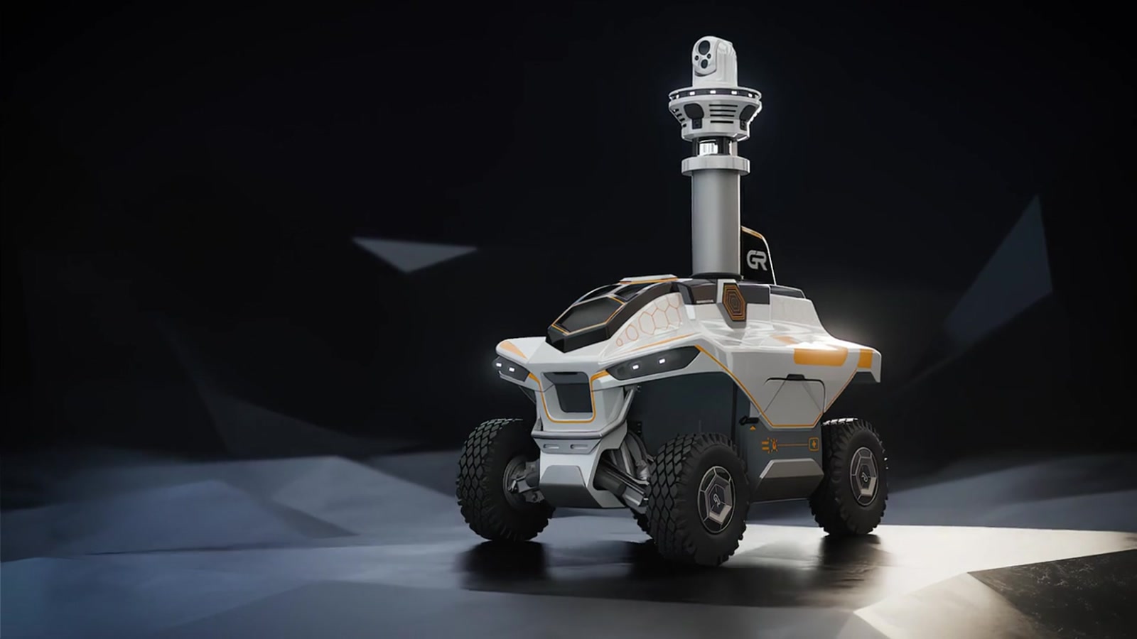 The GR-01 autonomous security robot with its camera mast and all-terrain wheels